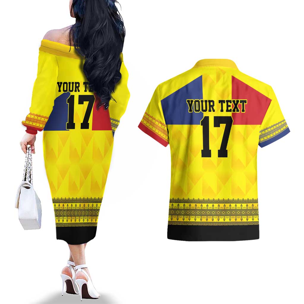 Custom Romania Rugby Go Champions Couples Matching Off The Shoulder Long Sleeve Dress and Hawaiian Shirt Romanian Traditional Patern