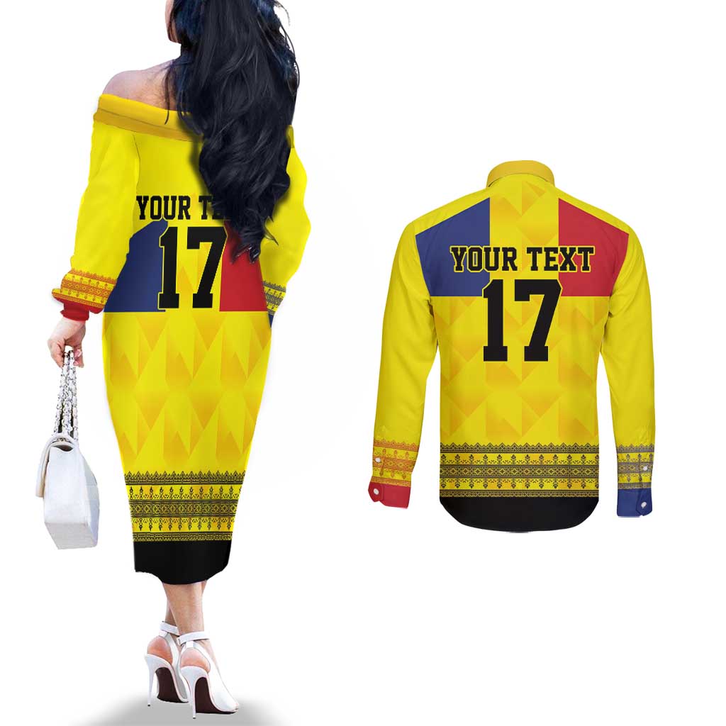 Custom Romania Rugby Go Champions Couples Matching Off The Shoulder Long Sleeve Dress and Long Sleeve Button Shirt Romanian Traditional Patern