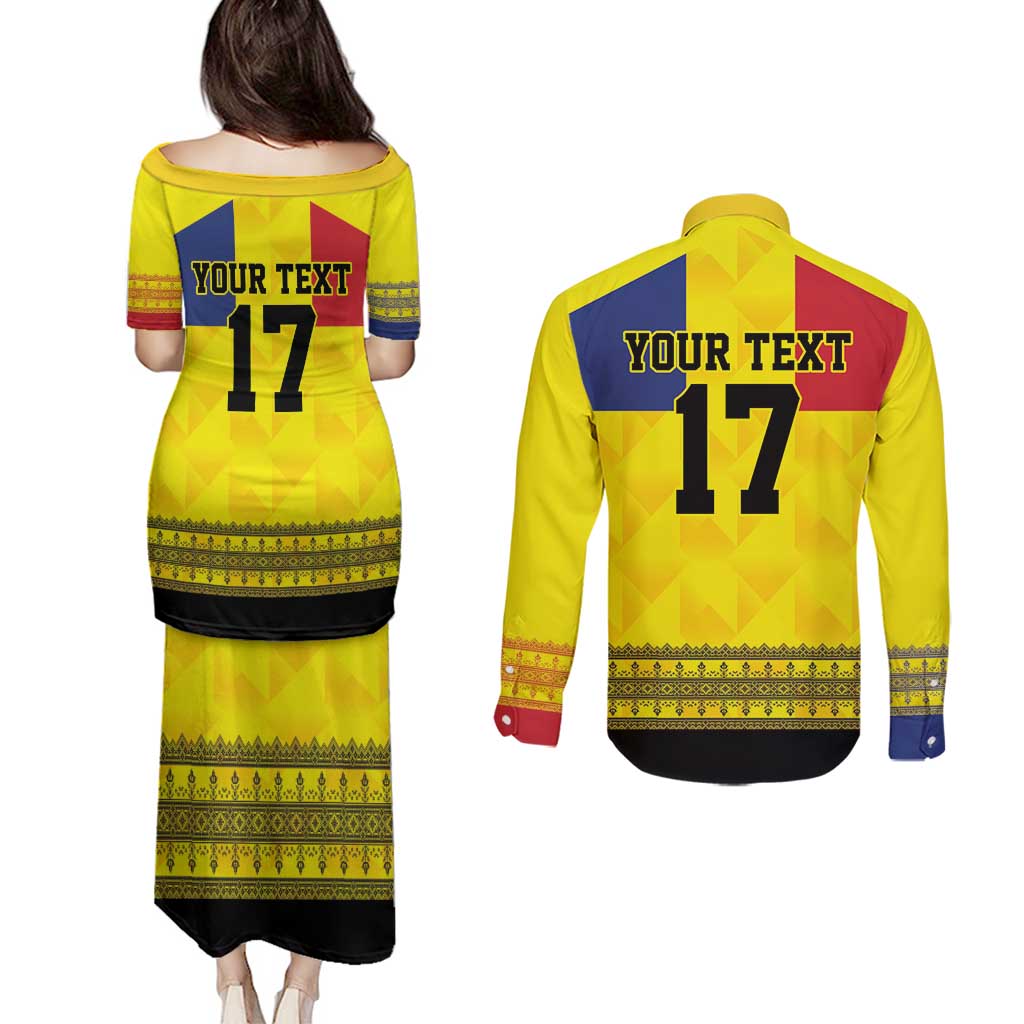 Custom Romania Rugby Go Champions Couples Matching Puletasi and Long Sleeve Button Shirt Romanian Traditional Patern