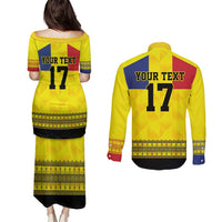 Custom Romania Rugby Go Champions Couples Matching Puletasi and Long Sleeve Button Shirt Romanian Traditional Patern