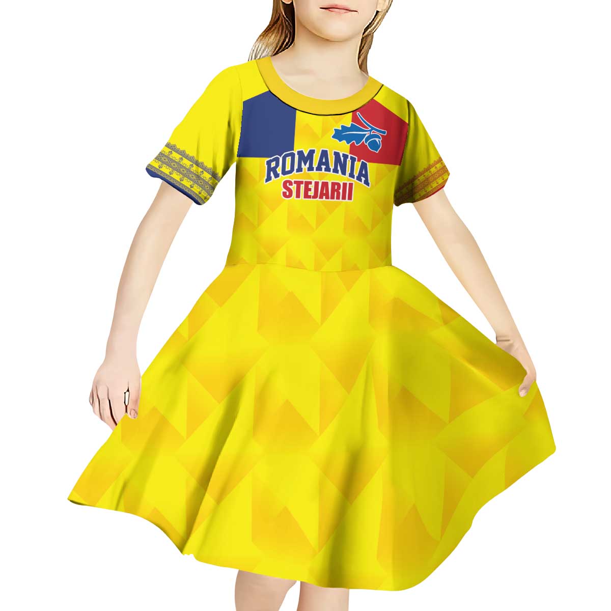 Custom Romania Rugby Go Champions Kid Short Sleeve Dress Romanian Traditional Patern