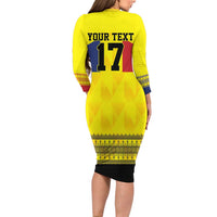 Custom Romania Rugby Go Champions Long Sleeve Bodycon Dress Romanian Traditional Patern