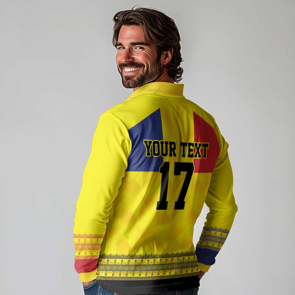 Custom Romania Rugby Go Champions Long Sleeve Polo Shirt Romanian Traditional Patern