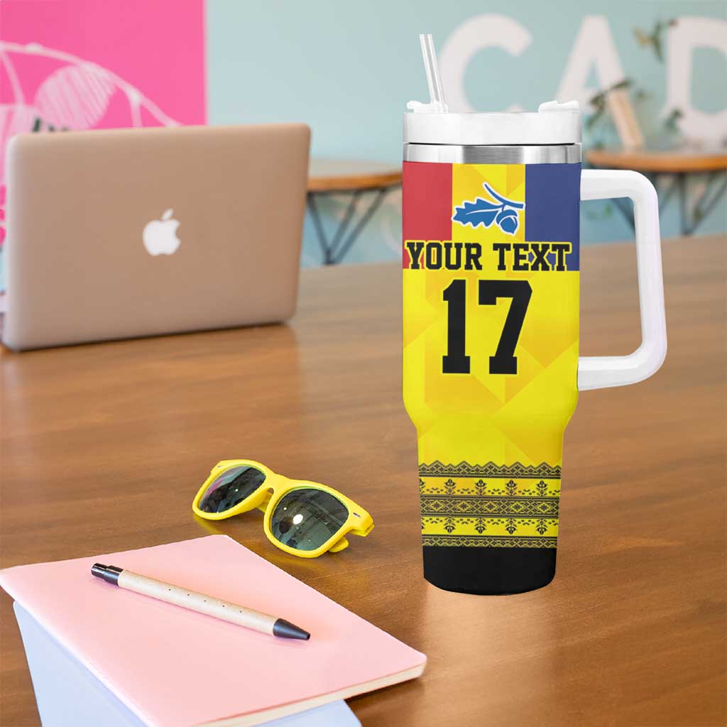 Custom Romania Rugby Go Champions Tumbler With Handle Sporty Style with Romanian Traditional Patern