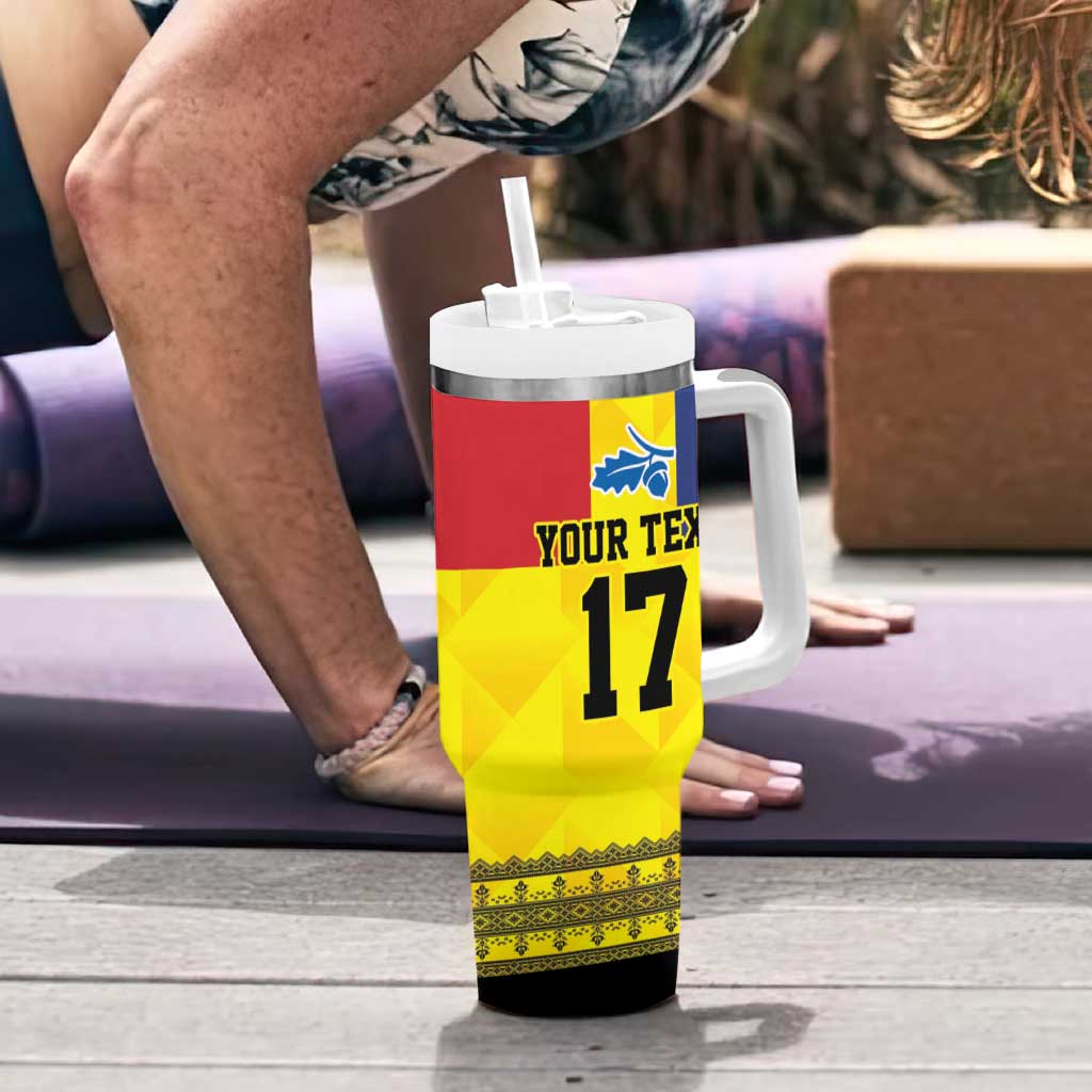 Custom Romania Rugby Go Champions Tumbler With Handle Sporty Style with Romanian Traditional Patern