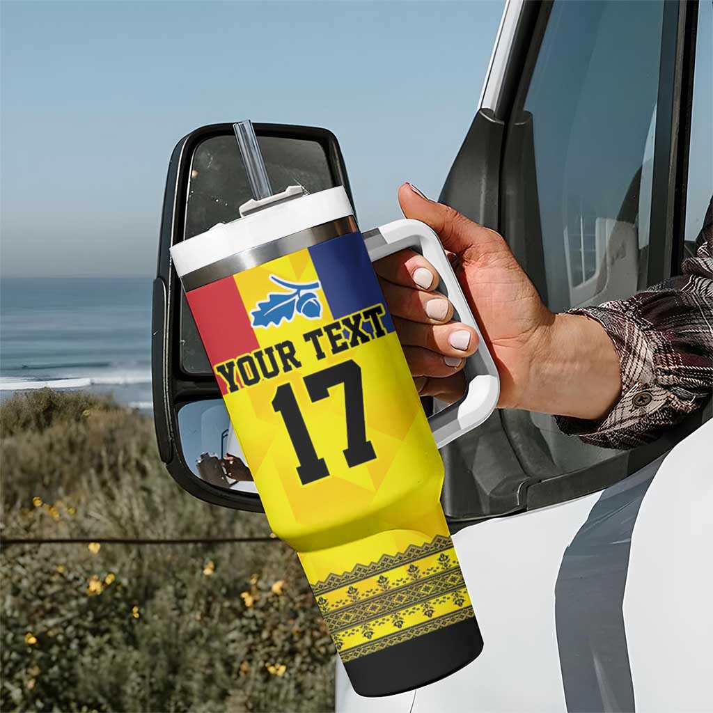 Custom Romania Rugby Go Champions Tumbler With Handle Sporty Style with Romanian Traditional Patern