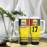 Custom Romania Rugby Go Champions Tumbler With Handle Sporty Style with Romanian Traditional Patern