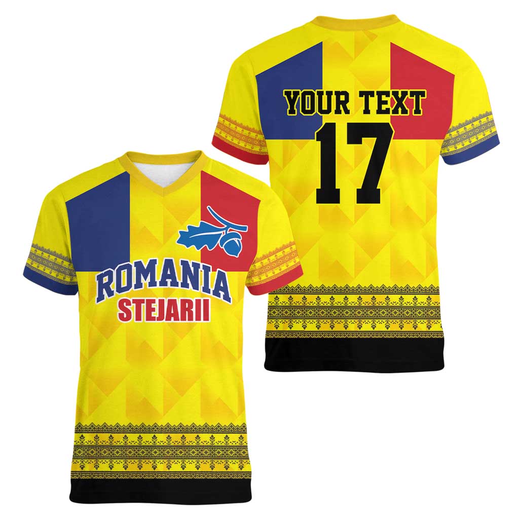 Custom Romania Rugby Go Champions Women V-Neck T-Shirt Romanian Traditional Patern