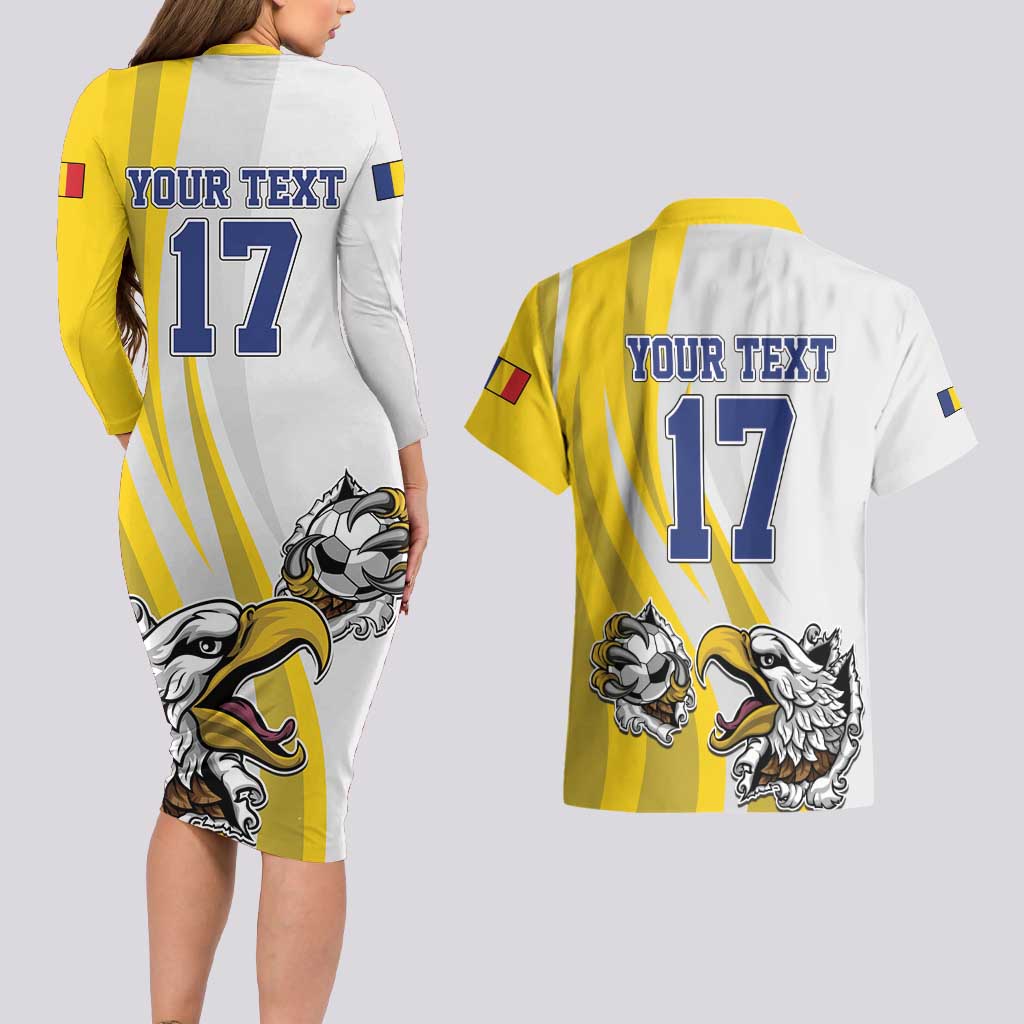 Custom Romania Football With Eagle Mascot Couples Matching Long Sleeve Bodycon Dress and Hawaiian Shirt Sporty Style