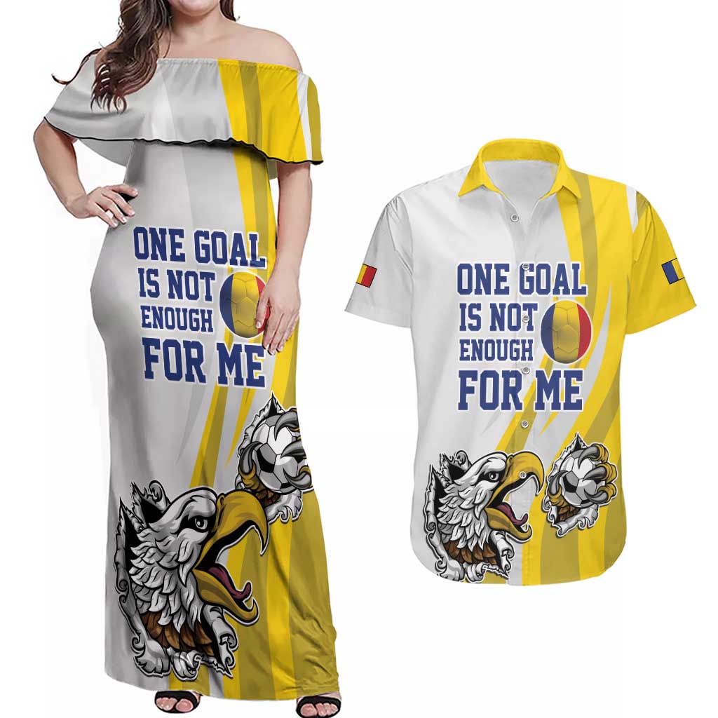 Custom Romania Football With Eagle Mascot Couples Matching Off Shoulder Maxi Dress and Hawaiian Shirt Sporty Style