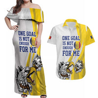 Custom Romania Football With Eagle Mascot Couples Matching Off Shoulder Maxi Dress and Hawaiian Shirt Sporty Style