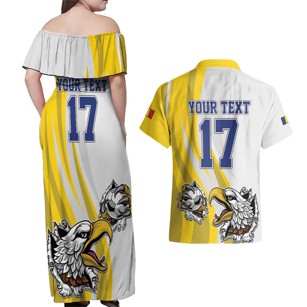 Custom Romania Football With Eagle Mascot Couples Matching Off Shoulder Maxi Dress and Hawaiian Shirt Sporty Style