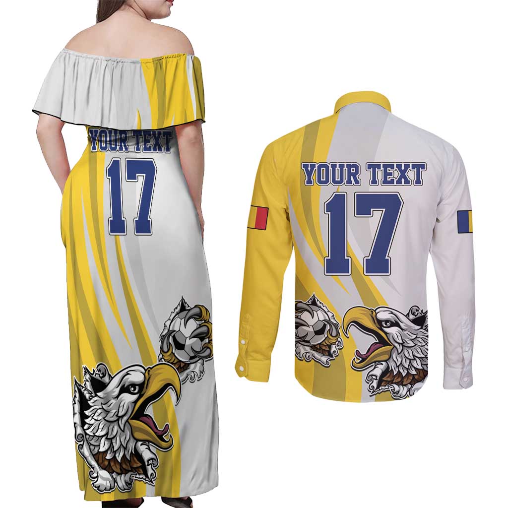 Custom Romania Football With Eagle Mascot Couples Matching Off Shoulder Maxi Dress and Long Sleeve Button Shirt Sporty Style