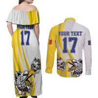 Custom Romania Football With Eagle Mascot Couples Matching Off Shoulder Maxi Dress and Long Sleeve Button Shirt Sporty Style