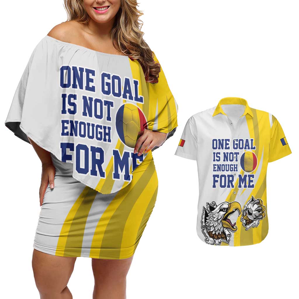 Custom Romania Football With Eagle Mascot Couples Matching Off Shoulder Short Dress and Hawaiian Shirt Sporty Style