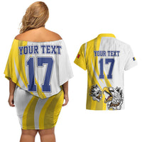 Custom Romania Football With Eagle Mascot Couples Matching Off Shoulder Short Dress and Hawaiian Shirt Sporty Style