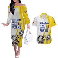 Custom Romania Football With Eagle Mascot Couples Matching Off The Shoulder Long Sleeve Dress and Hawaiian Shirt Sporty Style