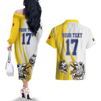 Custom Romania Football With Eagle Mascot Couples Matching Off The Shoulder Long Sleeve Dress and Hawaiian Shirt Sporty Style