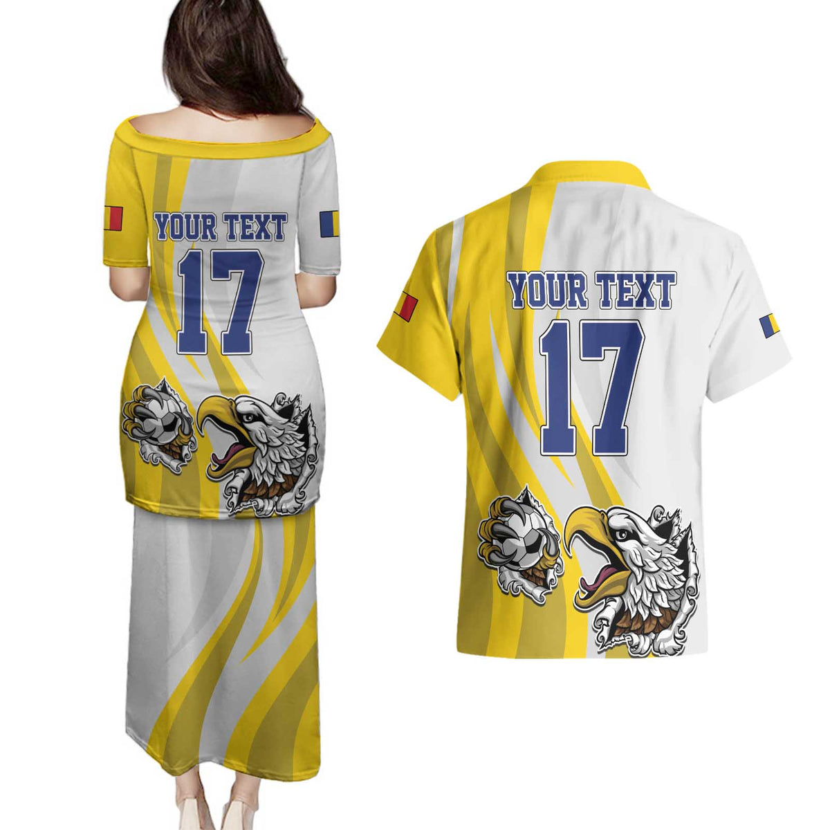 Custom Romania Football With Eagle Mascot Couples Matching Puletasi and Hawaiian Shirt Sporty Style