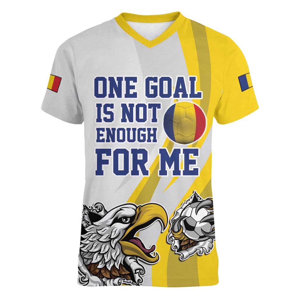 Custom Romania Football With Eagle Mascot Women V-Neck T-Shirt Sporty Style