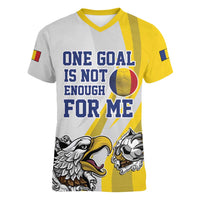 Custom Romania Football With Eagle Mascot Women V-Neck T-Shirt Sporty Style