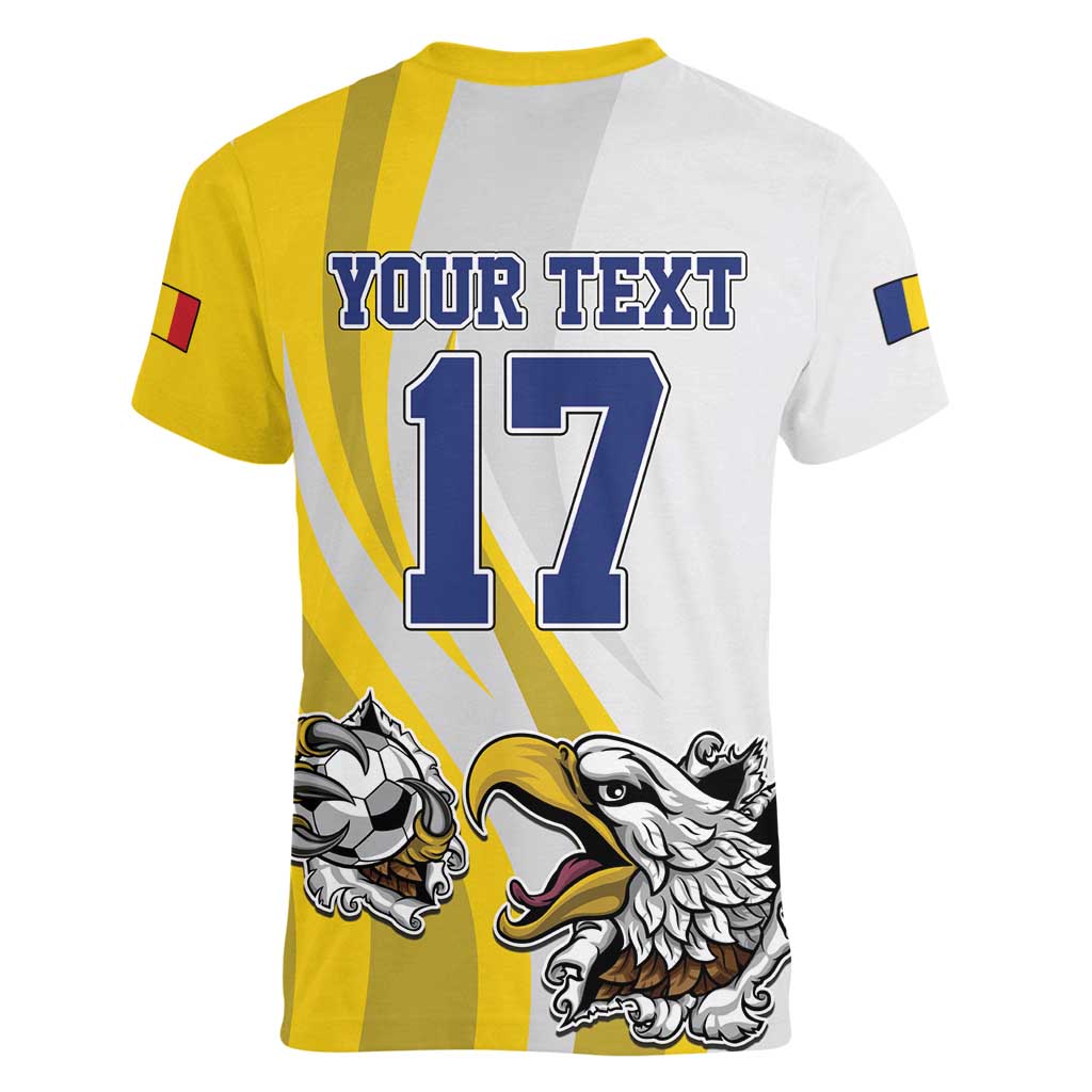 Custom Romania Football With Eagle Mascot Women V-Neck T-Shirt Sporty Style