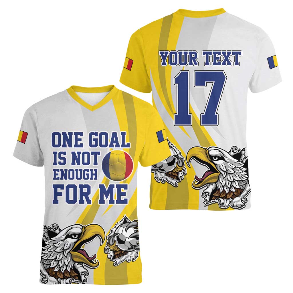 Custom Romania Football With Eagle Mascot Women V-Neck T-Shirt Sporty Style