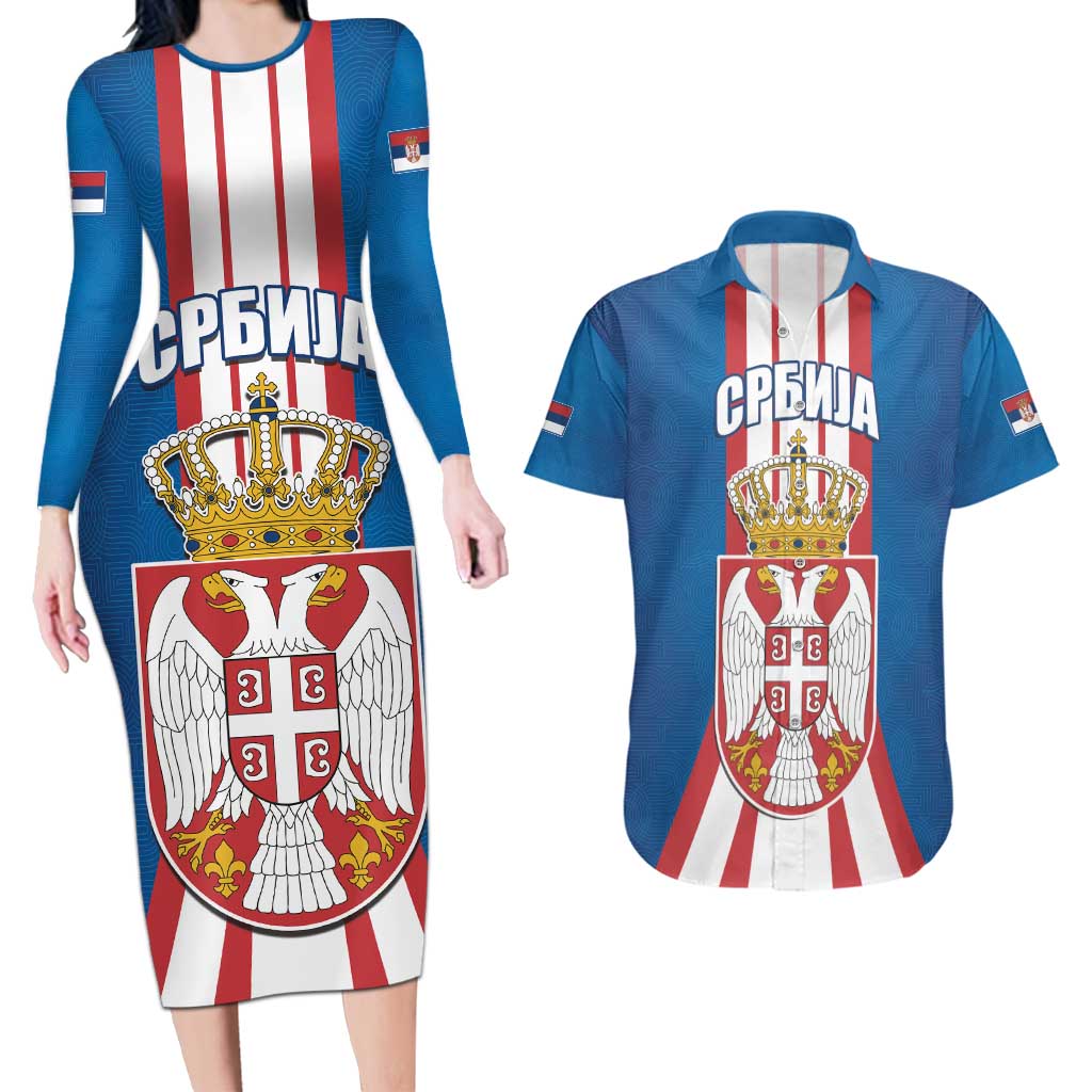 Personalized Serbia Coat of Arms Couples Matching Long Sleeve Bodycon Dress and Hawaiian Shirt The Serbian Eagle and Serbian cross