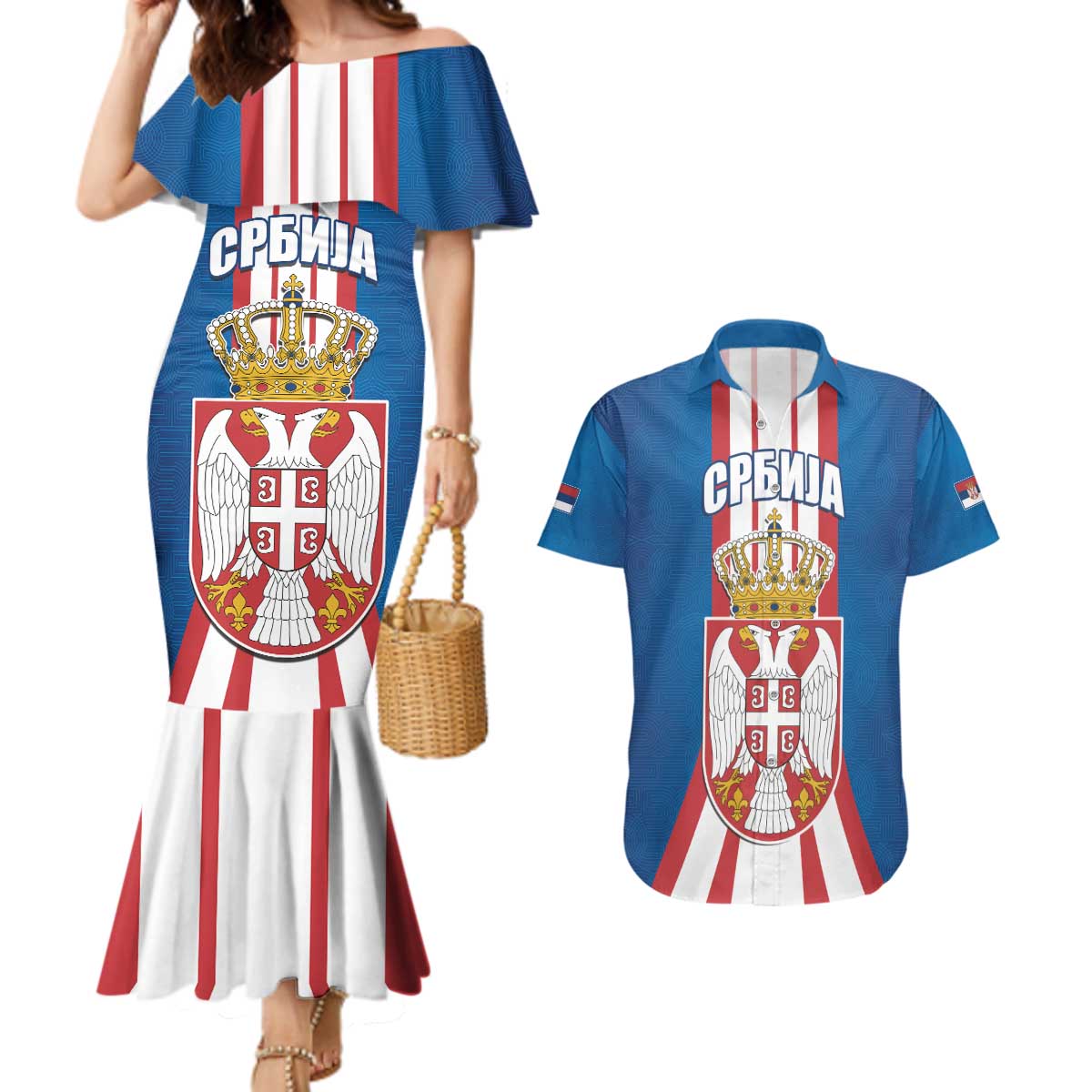 Personalized Serbia Coat of Arms Couples Matching Mermaid Dress and Hawaiian Shirt The Serbian Eagle and Serbian cross