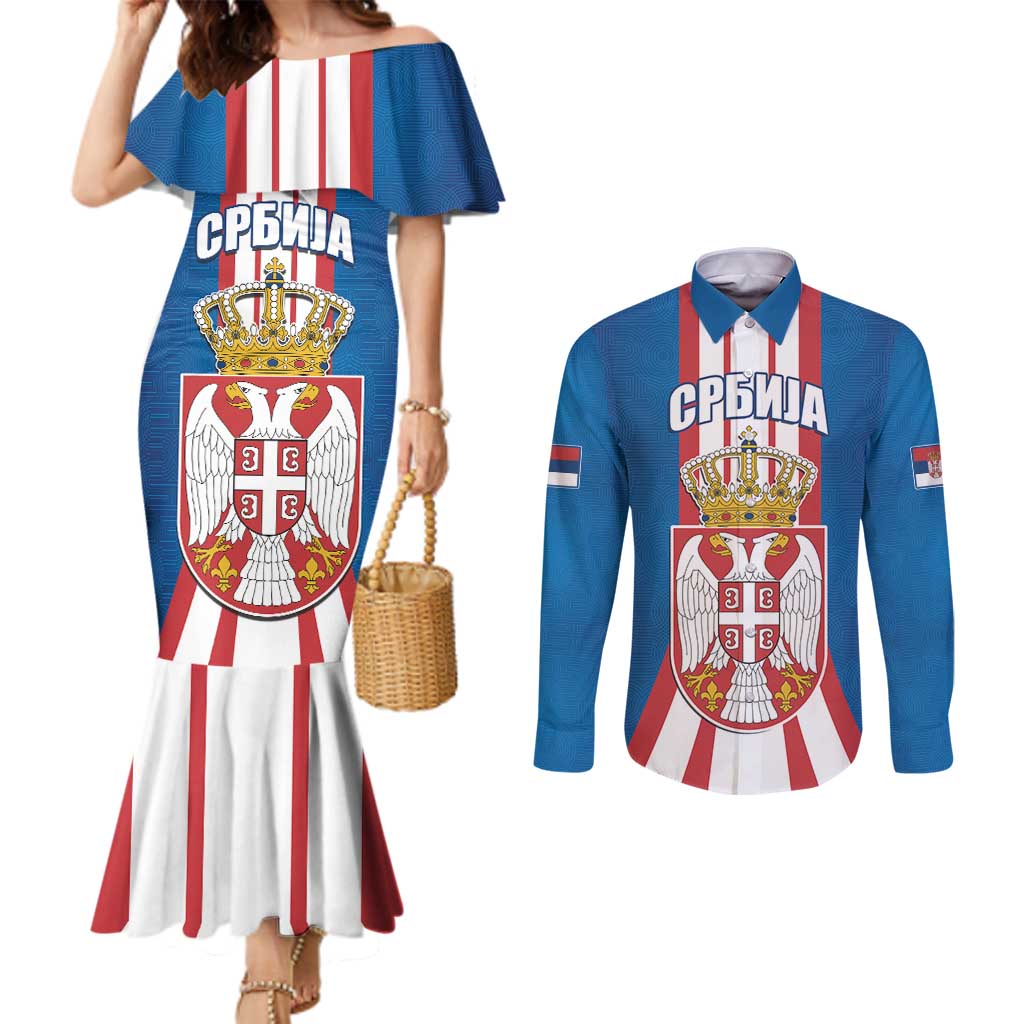 Personalized Serbia Coat of Arms Couples Matching Mermaid Dress and Long Sleeve Button Shirt The Serbian Eagle and Serbian cross