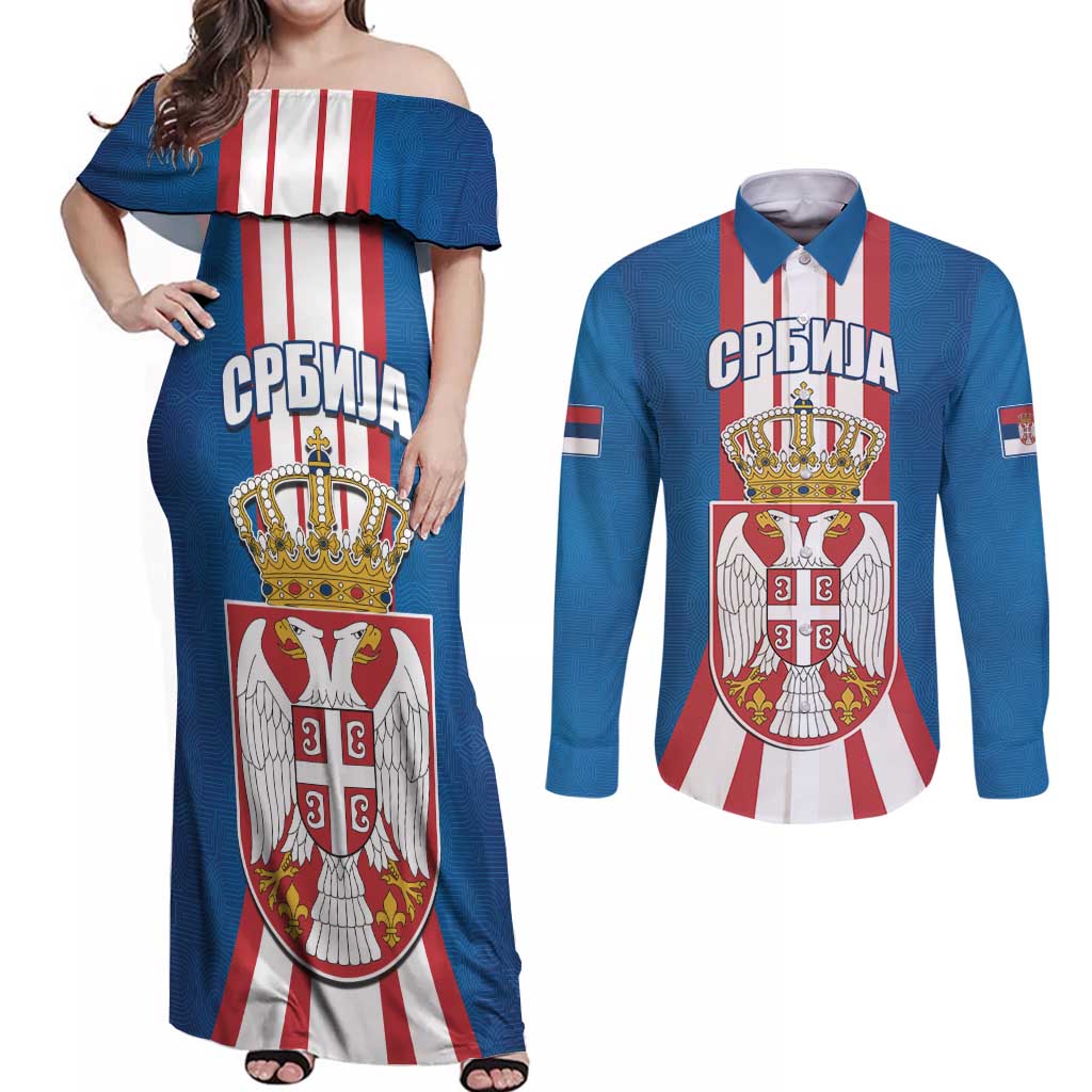 Personalized Serbia Coat of Arms Couples Matching Off Shoulder Maxi Dress and Long Sleeve Button Shirt The Serbian Eagle and Serbian cross