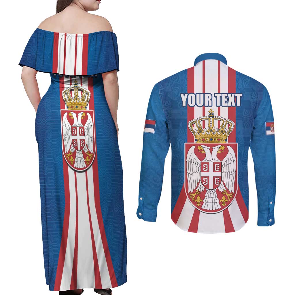 Personalized Serbia Coat of Arms Couples Matching Off Shoulder Maxi Dress and Long Sleeve Button Shirt The Serbian Eagle and Serbian cross