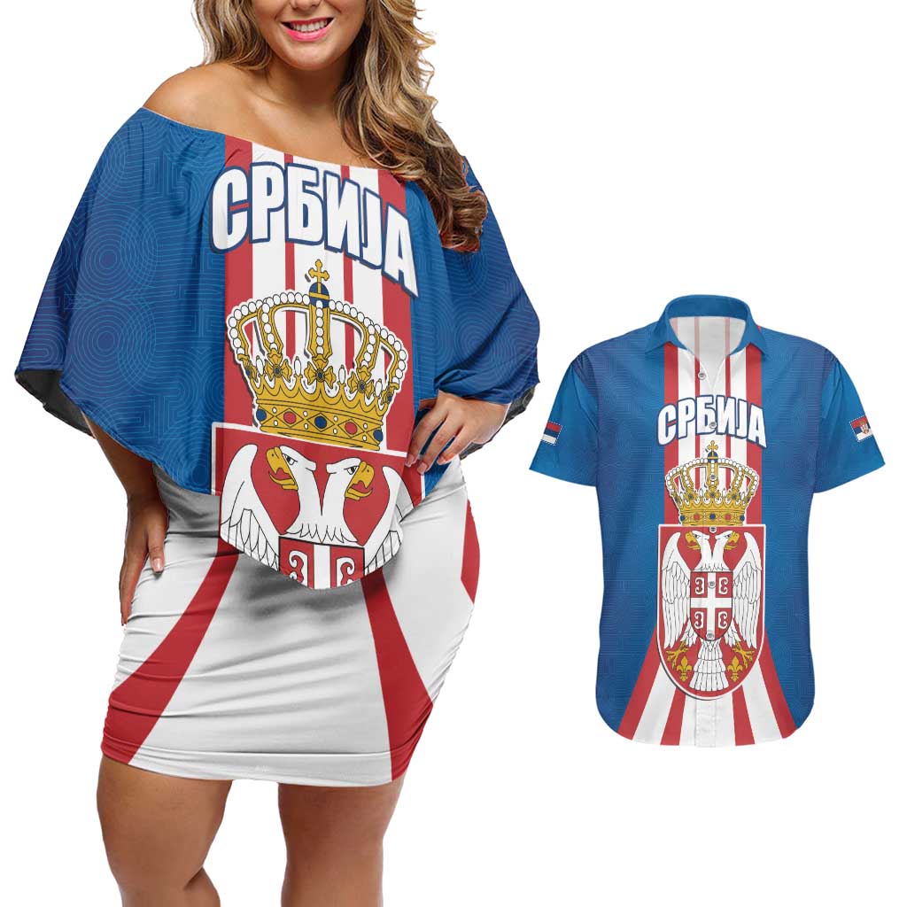 Personalized Serbia Coat of Arms Couples Matching Off Shoulder Short Dress and Hawaiian Shirt The Serbian Eagle and Serbian cross