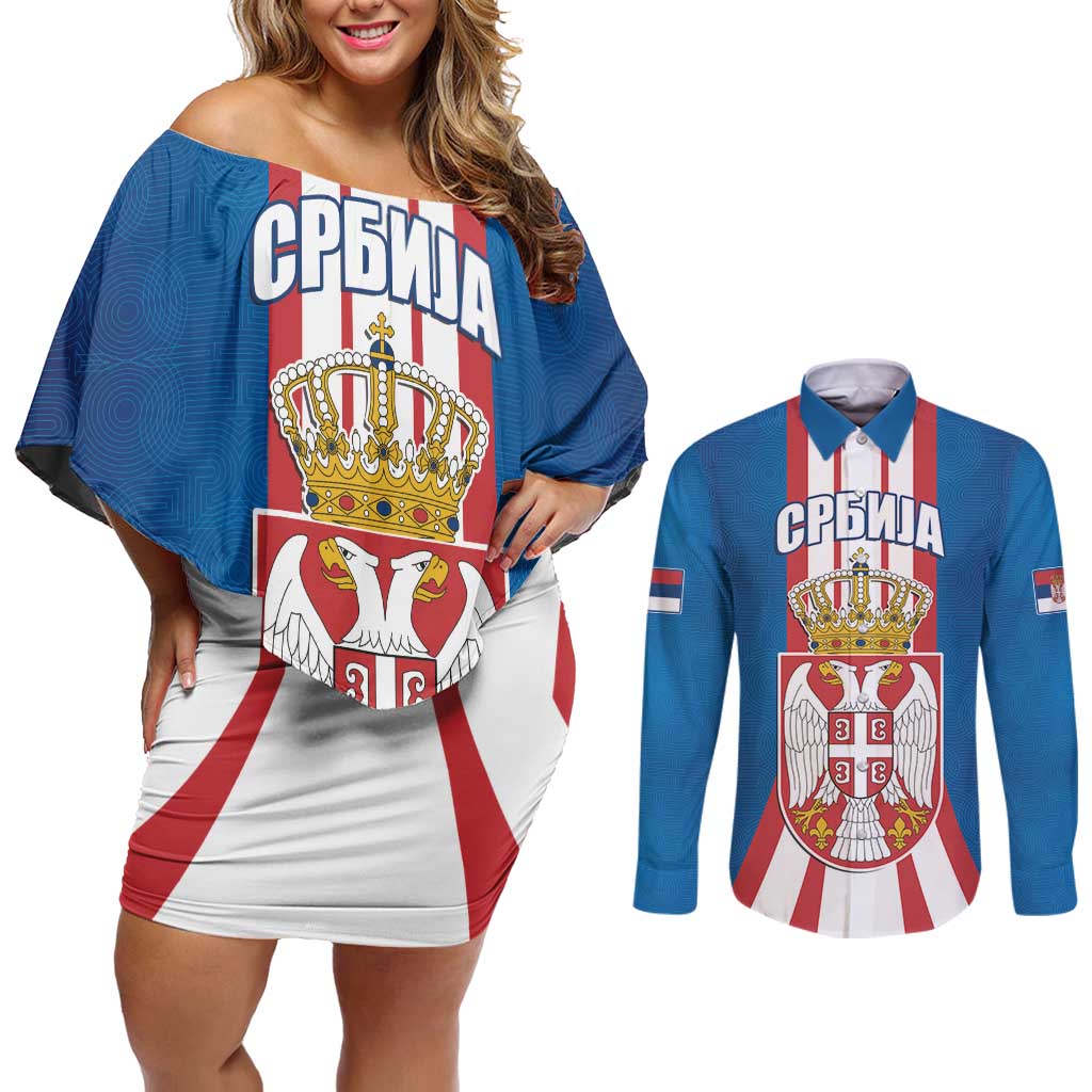 Personalized Serbia Coat of Arms Couples Matching Off Shoulder Short Dress and Long Sleeve Button Shirt The Serbian Eagle and Serbian cross