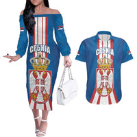 Personalized Serbia Coat of Arms Couples Matching Off The Shoulder Long Sleeve Dress and Hawaiian Shirt The Serbian Eagle and Serbian cross
