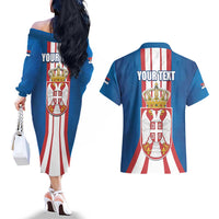 Personalized Serbia Coat of Arms Couples Matching Off The Shoulder Long Sleeve Dress and Hawaiian Shirt The Serbian Eagle and Serbian cross