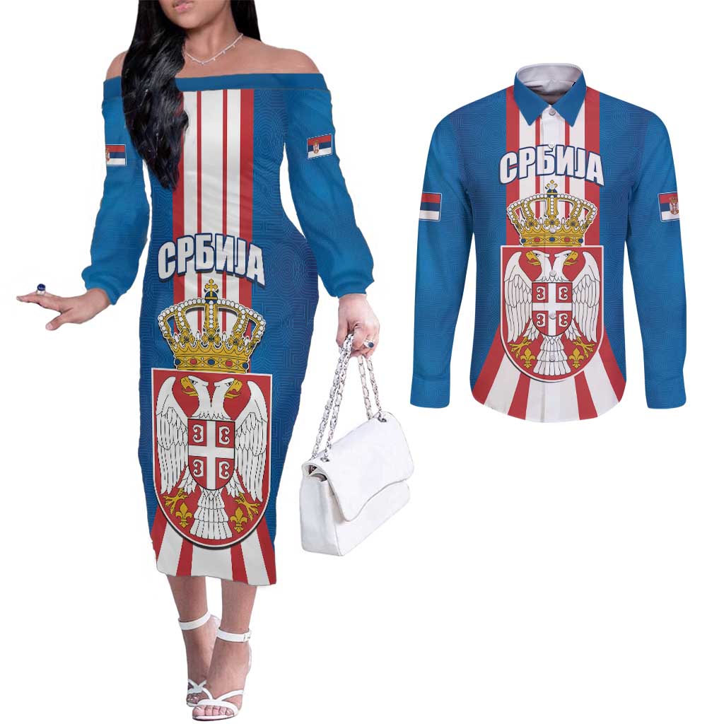 Personalized Serbia Coat of Arms Couples Matching Off The Shoulder Long Sleeve Dress and Long Sleeve Button Shirt The Serbian Eagle and Serbian cross