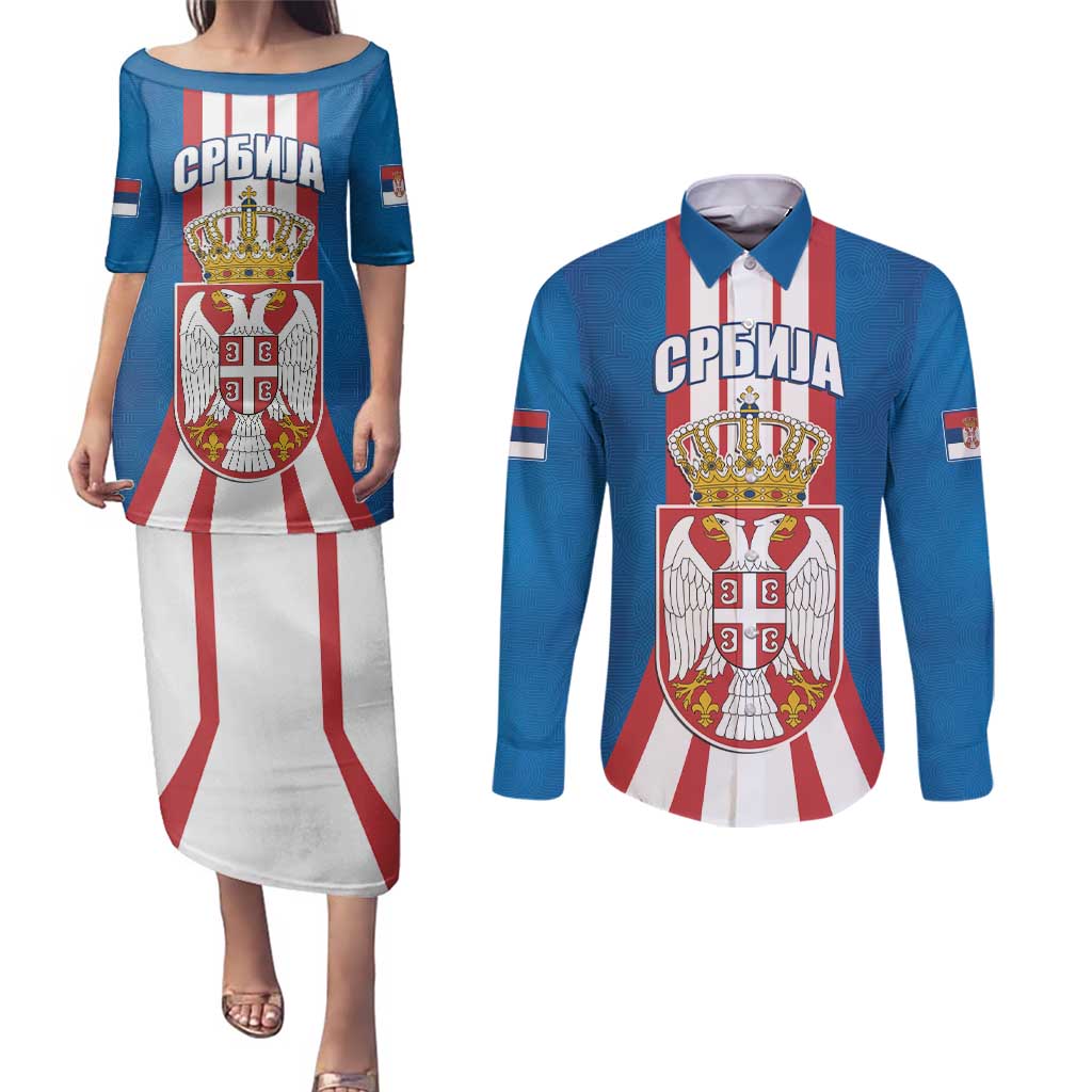 Personalized Serbia Coat of Arms Couples Matching Puletasi and Long Sleeve Button Shirt The Serbian Eagle and Serbian cross