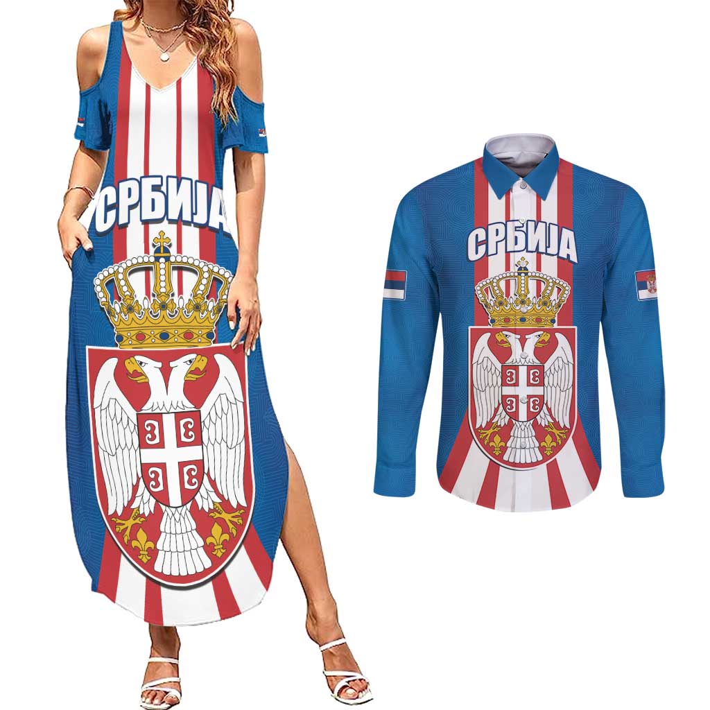 Personalized Serbia Coat of Arms Couples Matching Summer Maxi Dress and Long Sleeve Button Shirt The Serbian Eagle and Serbian cross