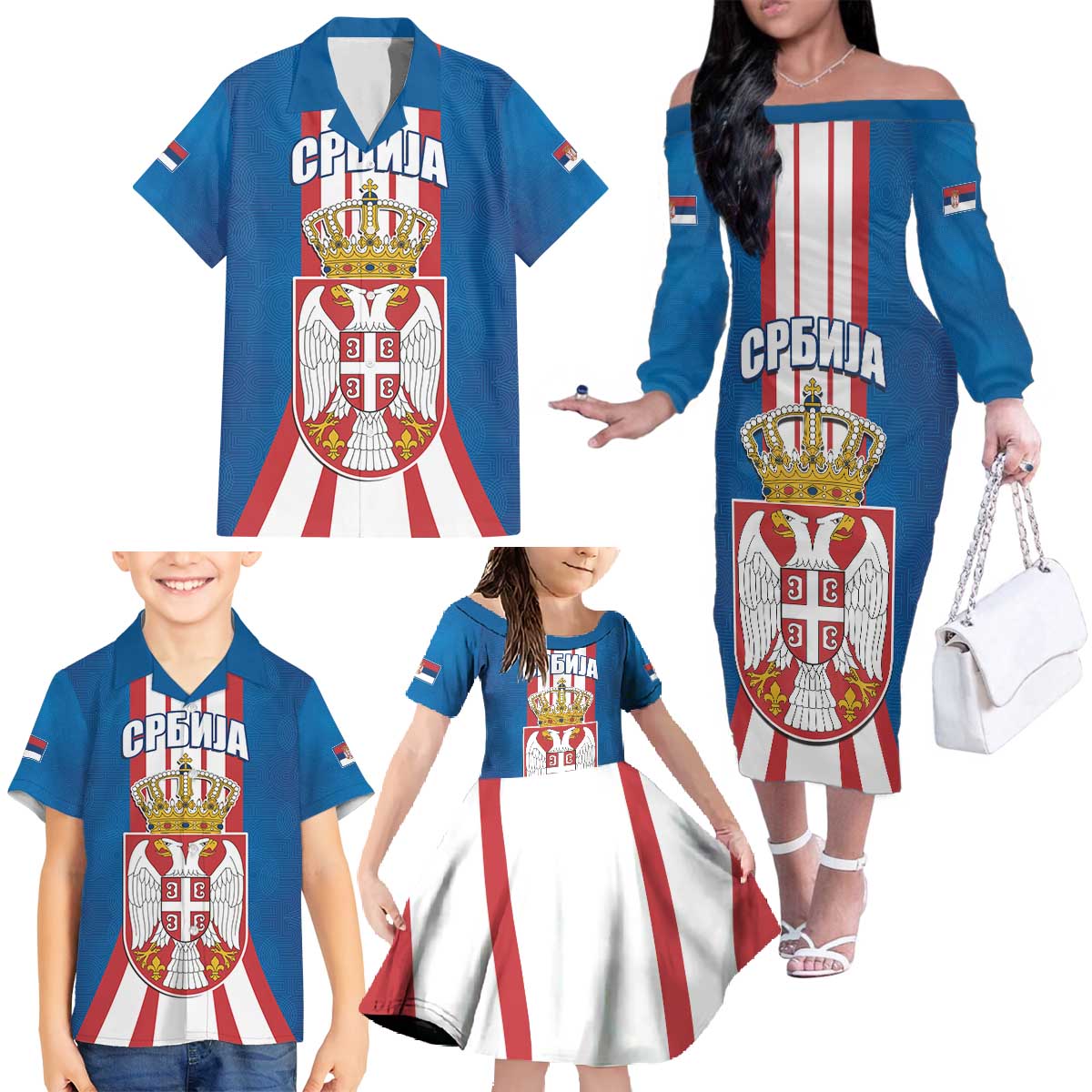 Personalized Serbia Coat of Arms Family Matching Off The Shoulder Long Sleeve Dress and Hawaiian Shirt The Serbian Eagle and Serbian cross