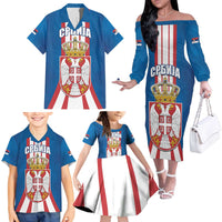 Personalized Serbia Coat of Arms Family Matching Off The Shoulder Long Sleeve Dress and Hawaiian Shirt The Serbian Eagle and Serbian cross