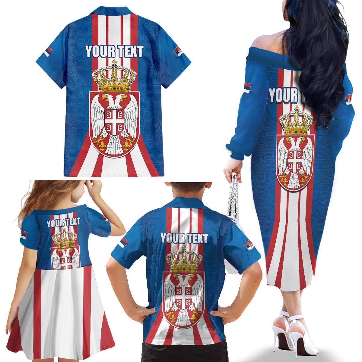 Personalized Serbia Coat of Arms Family Matching Off The Shoulder Long Sleeve Dress and Hawaiian Shirt The Serbian Eagle and Serbian cross