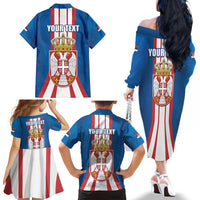 Personalized Serbia Coat of Arms Family Matching Off The Shoulder Long Sleeve Dress and Hawaiian Shirt The Serbian Eagle and Serbian cross