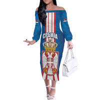 Personalized Serbia Coat of Arms Family Matching Off The Shoulder Long Sleeve Dress and Hawaiian Shirt The Serbian Eagle and Serbian cross