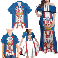 Personalized Serbia Coat of Arms Family Matching Off Shoulder Maxi Dress and Hawaiian Shirt The Serbian Eagle and Serbian cross