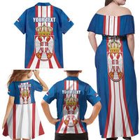 Personalized Serbia Coat of Arms Family Matching Off Shoulder Maxi Dress and Hawaiian Shirt The Serbian Eagle and Serbian cross