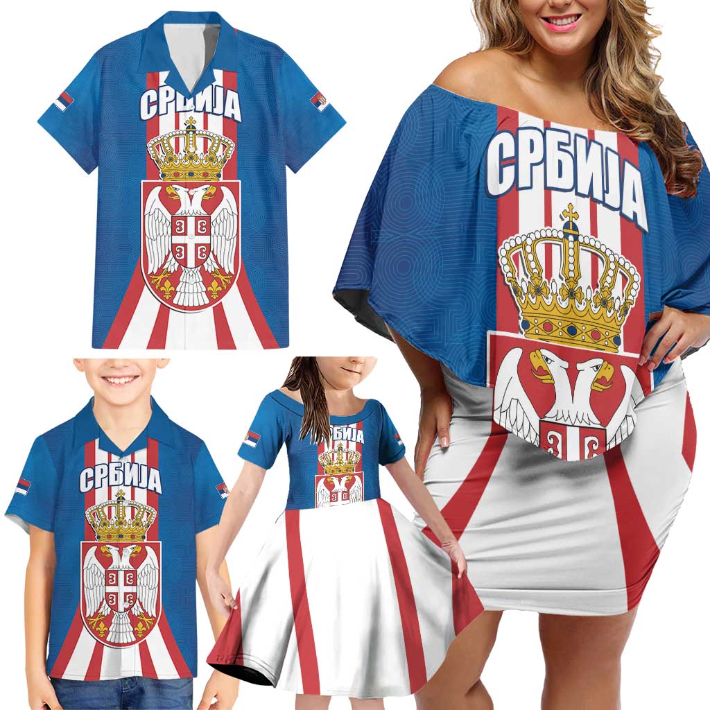 Personalized Serbia Coat of Arms Family Matching Off Shoulder Short Dress and Hawaiian Shirt The Serbian Eagle and Serbian cross