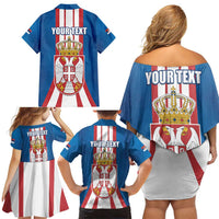Personalized Serbia Coat of Arms Family Matching Off Shoulder Short Dress and Hawaiian Shirt The Serbian Eagle and Serbian cross