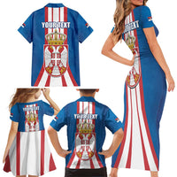 Personalized Serbia Coat of Arms Family Matching Short Sleeve Bodycon Dress and Hawaiian Shirt The Serbian Eagle and Serbian cross