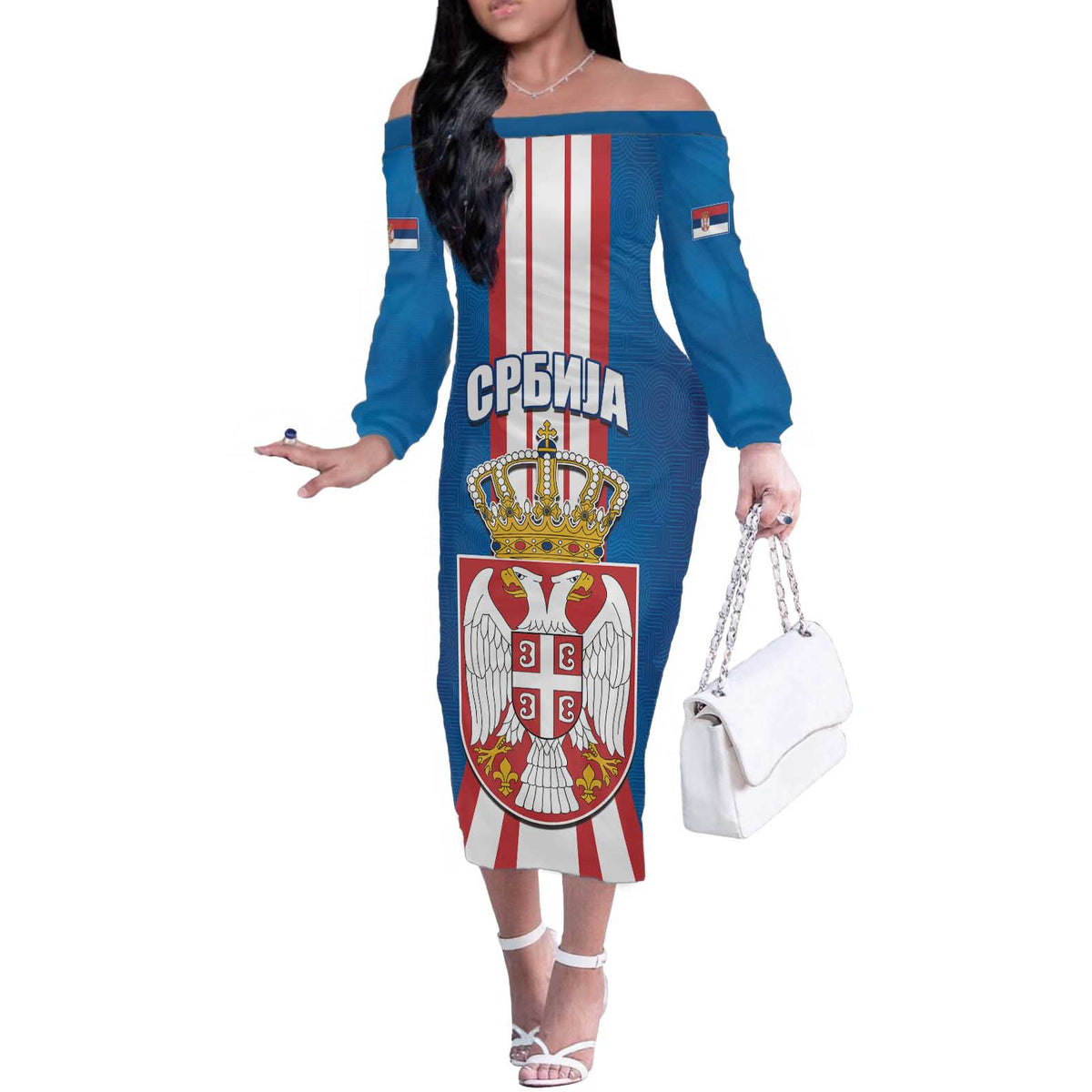 Personalized Serbia Coat of Arms Off The Shoulder Long Sleeve Dress The Serbian Eagle and Serbian cross